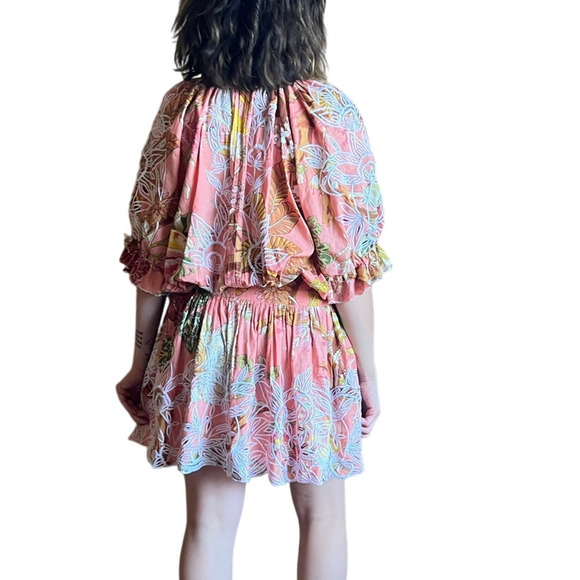 Juliet Dunn Pink Floral Cotton Dropwaist Blouson Puff Sleeve Dress US 2 4 - Picture 4 of 6